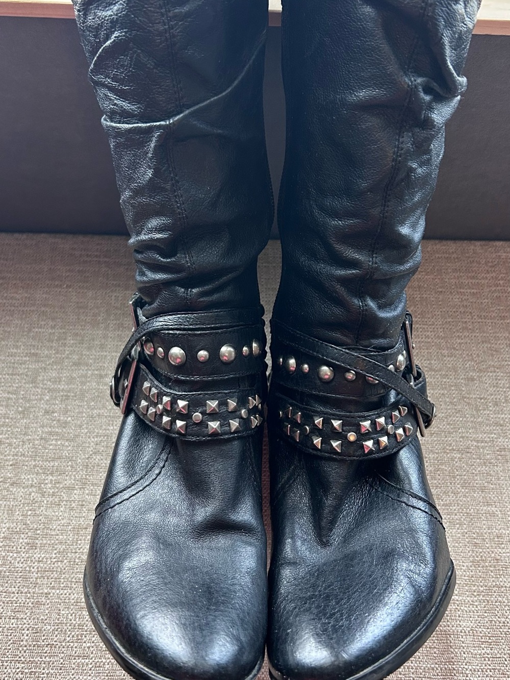 a.n.a Black Leather Studded Mid-Calf Boots